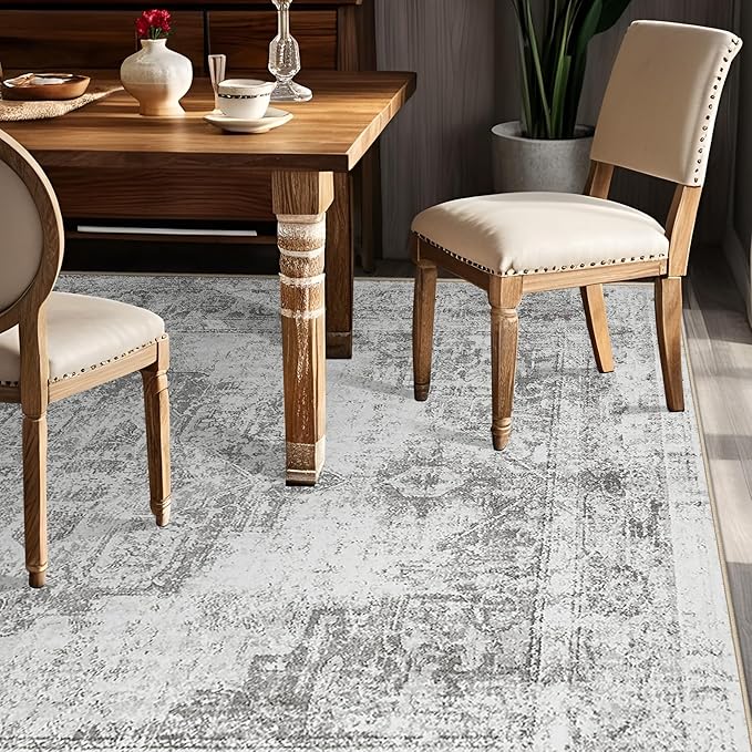 Area Rug 6x9 Vintage Rugs: Washable Indoor Medallion Rug Low Pile Distressed Floor Carpet Retro Accent Rugs for Living Room Bedroom Kitchen Dining Table Home Office(Grey, 6'x9')
