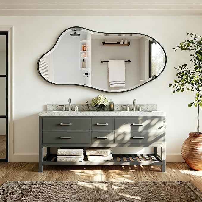 POZINO Large Irregular Beveled Mirror, 63"x31.5" Organic Full Length Mirror with Black Metal Frame, Asymmetrical Wall Mirrors for Entryway Hallway Cloakroom Living Room, Horizontal/Vertical Hanging
