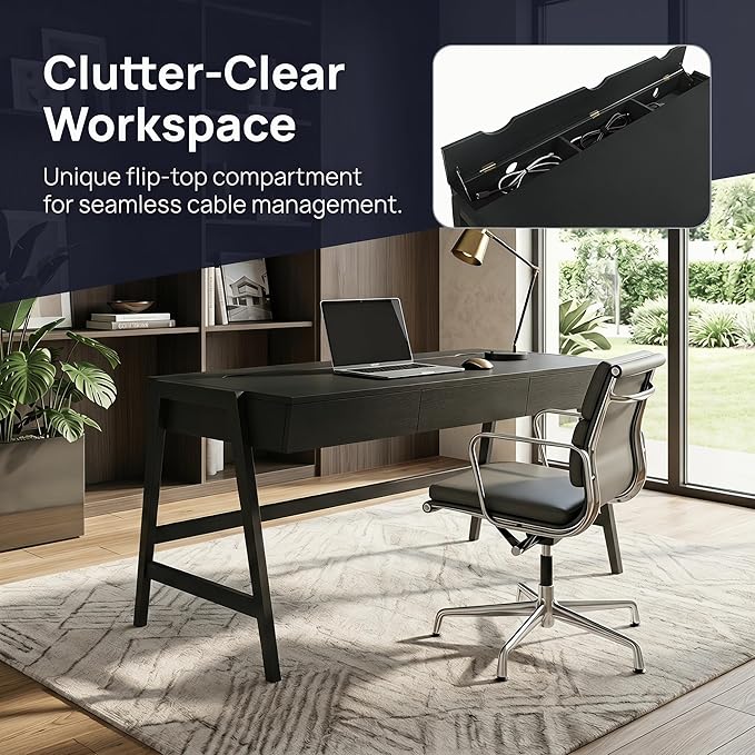 HNY 59 Inches Black Wooden Writing Desk with 3 Drawers, Computer Study Table with MDF Top, Solid Rubberwood Legs and Hidden Cable Management Holes, Corner Makeup Vanity Desk for Home Office, Bedroom