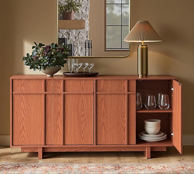 Sideboard Buffet Cabinet with Storage, Mid Century Modern Accent Cabinet with Skeleton Line & Wood Grain Texture, 63" Minimalist Credenza for Living Room Kitchen Dining Room Entryway, Cherry