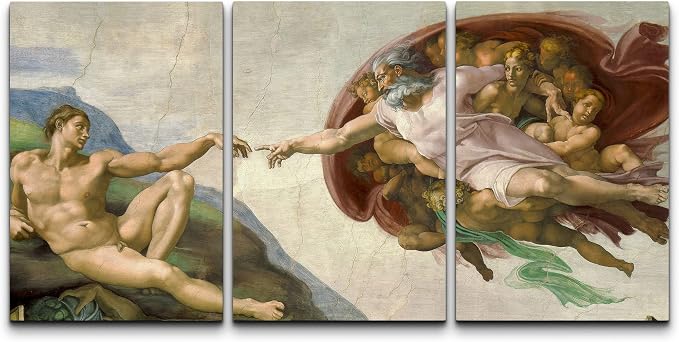 wall26 Canvas Print Wall Art Set Creation of Adam by Michelangelo Cultural Historic Oil Painting Fine Art Reproduction Scenic Colorful for Living Room, Bedroom, Office - 24"x36" x 3 Panels
