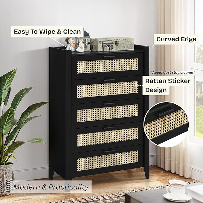ELISA HOME Rattan-Inspired 5 Drawers Dresser for Bedroom, 47.2" Tall Modern Chest of Drawers, Wood Drawer Organizer for Clothes, Entryway, Hallway, Nursery or Living Room, Black