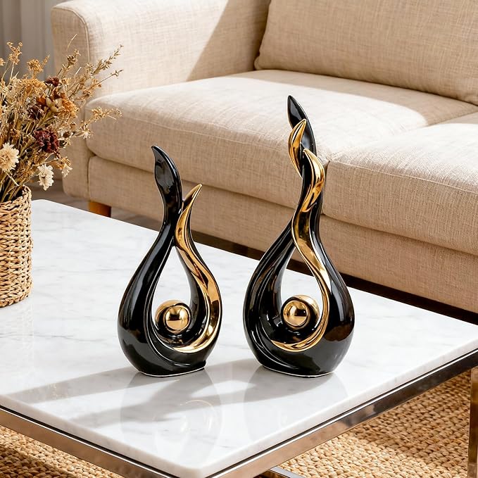 Black and Gold Abstract Ceramic Sculptures 2 Set,Modern Home Decor Dining Table Objects,Ceramic Art Statue for Coffee Table, Shelf, Dining Room, Kitchen, Tv Stand, Entryway Or Desktop Display