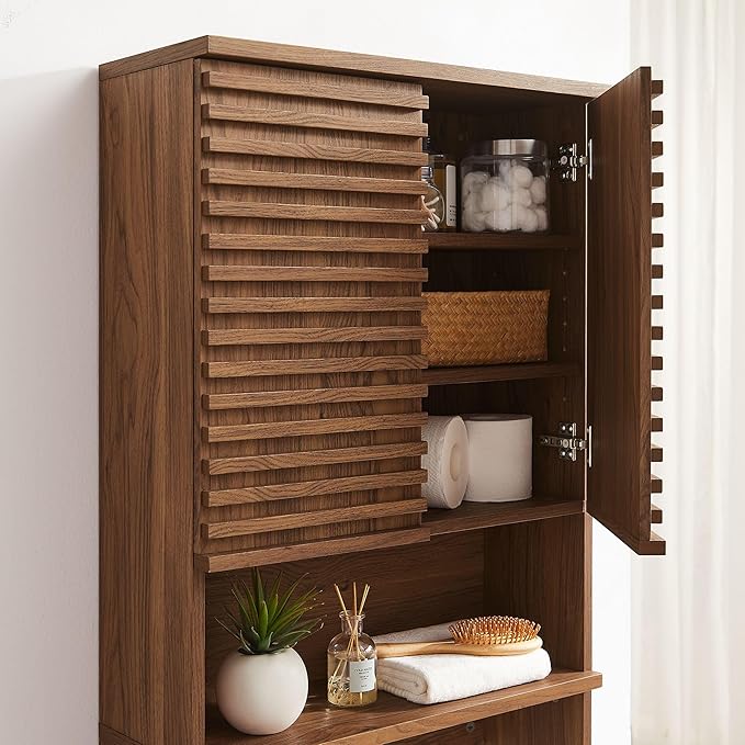 Modway Render Over The Toilet Storage Cabinet in Walnut - Modern Bathroom Organizer with Open Shelf, 2 Soft-Close Doors, Wall Cabinet for Above Toilet Storage - Linen Cabinet with Adjustable Shelves