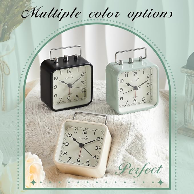 FLOITTUY Square Metal Beep Alarm Clock Silent No Ticking, Snooze and Battery Operated, Night Light and Desk Clock for Bedroom/Travel/Kids, Easy Set(Cream White)