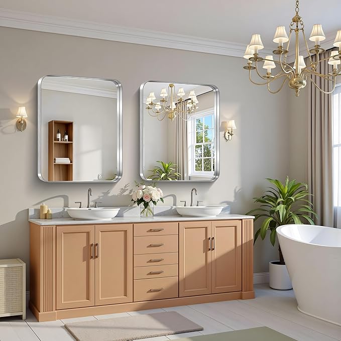 CIRCUMI Silver Bathroom Mirror, 30"x36" Rectangular Mirror with Deep Metal Frame, Rounded Corner, Tempered Glass, Mirror for Wall, Oversink, Bedroom, Installed Vertically/Horizontally, Crystal-Clear