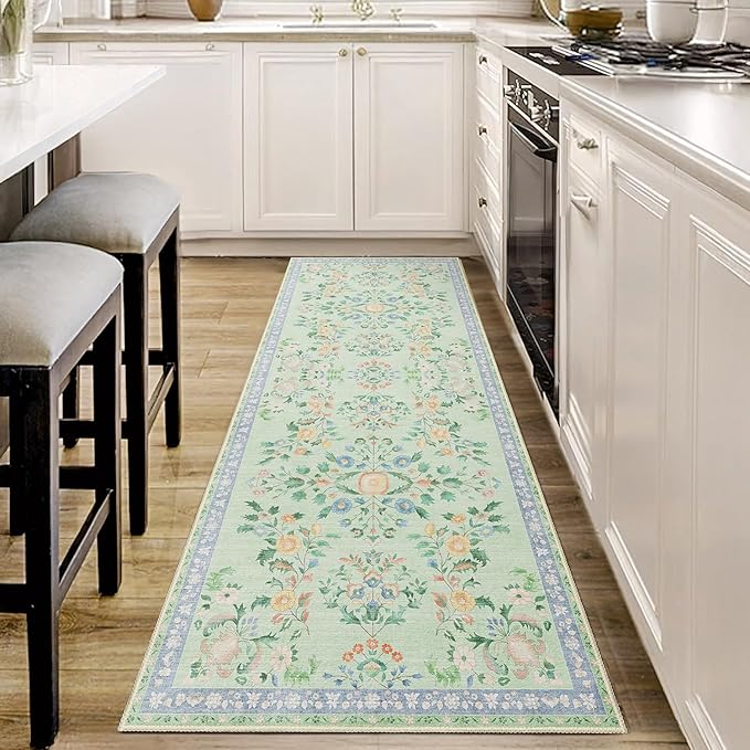 MUJOO Washable Runner Rug for Kitchen Hallways,2x6 Runner Rug Non Slip,Floral Carpet Runner for Bathroom Bedroom Laundry Floor,Long Mat Boho Indoor Vintage Low Pile Green