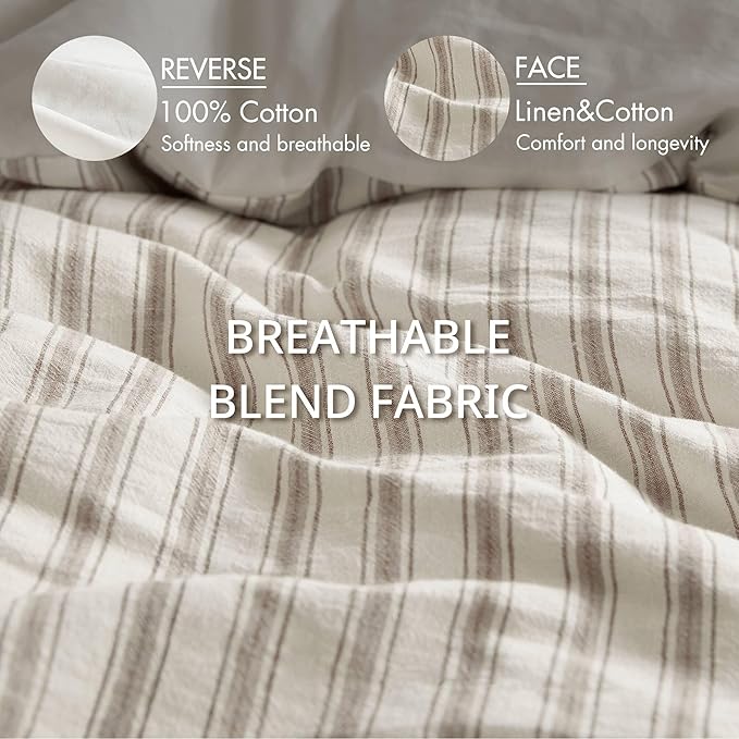 Madison Park Duvet Cover Set for Hot Sleepers - Linen Cotton Rayon Blend, King Size 3 Piece Set with Shams - Lightweight & Breathable Bedding, Tan Striped Design
