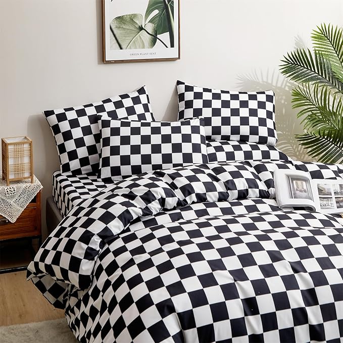 Pureant Black White Plaid Comforter Set King Size Black Checkerboard Grid Bedding Comforter Women Men Grid Quilts Soft Modern Black Buffalo Grid Comforter Boho Checkered Geomertic Bed