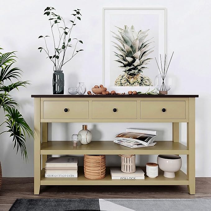 LUMISOL Long Console Table with 3 Storage Drawers, Solid Wood Sofa Table with Storage & Open Shelves, Retro Entryway Tables for Hallway Living Room (Beige)