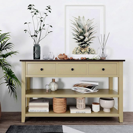 LUMISOL Long Console Table with 3 Storage Drawers, Solid Wood Sofa Table with Storage & Open Shelves, Retro Entryway Tables for Hallway Living Room (Beige)