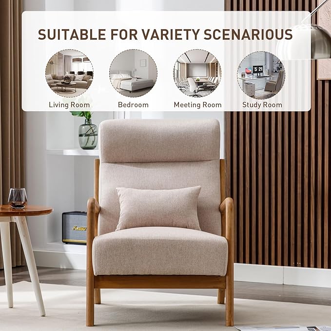 ANJ Mid Century Modern Accent Chair with High Back, Single Lounge Armchair with Solid Wood Frame, Comfy Reading Chair for Living Room, Easy Assembly