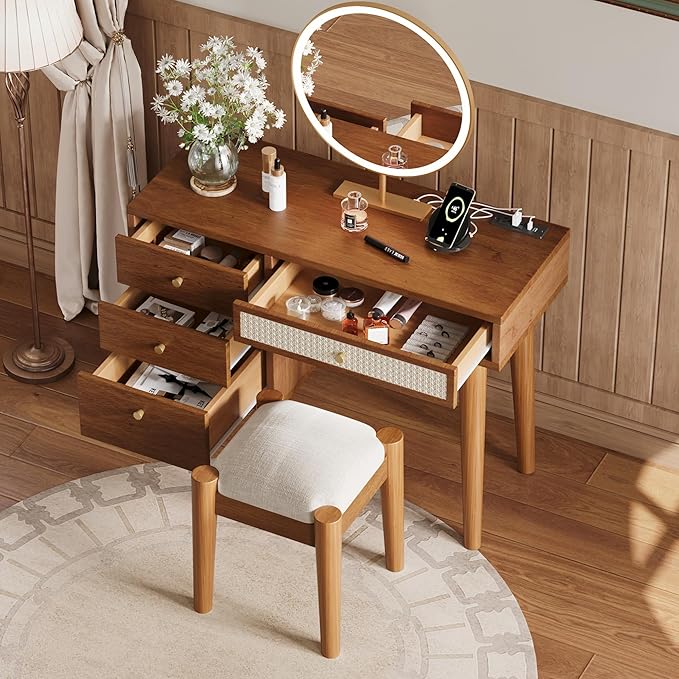 Walnut Vanity Desk No Mirror 39" Vintage Vanity Table with 4 Drawers & Power Outlet Mid-Century Modern Vanity Set for Girls with Stool & Rattan Decor