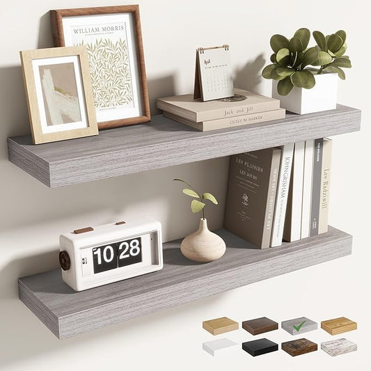 24 Inch Floating Shelves for Wall 2 Pack, 24" Wall Shelves for Books, Storage, Decor, Wall Mounted Floating Shelf with Invisible Brackets for Kitchen, Living Room, Gray