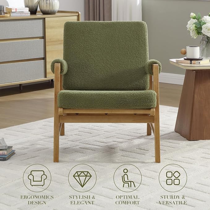 CIMOTA Mid Century Modern Accent Chair, Boucle Upholstered Living Room Chairs with Arms, Comfy Reading Chair with Solid Wood Frame, High Back for Bedroom, Waiting Room, Office, Green