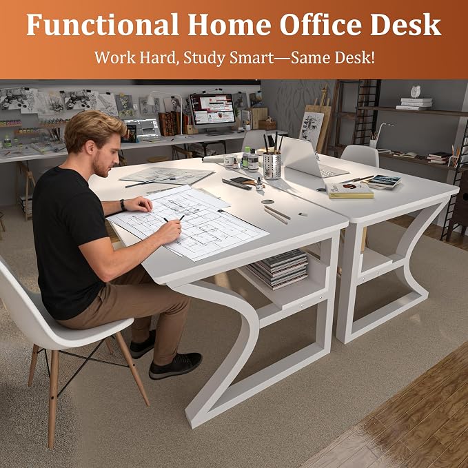AZN Computer Desk, 55x24 in Computer Desk, Office Desk w/Storage & U-Size Metal Frame for Home Office Bedroom Gaming, Office Desk w/Water-Resistant, Scratchproof Surface, White