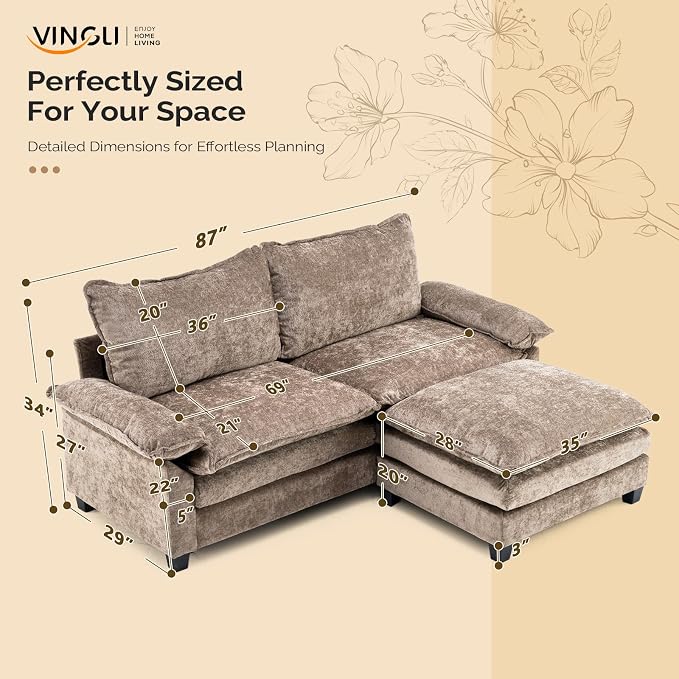 VINGLI Convertible Sectional Loveseat Sofa with Deep Seat &Movable 2-Layer Ottoman, Oversized L-shape Cloud Sofa with Chaise & Armrests, 2-Seat Sofa for Small Spaces & Apartment, Chenille, Light-Brown