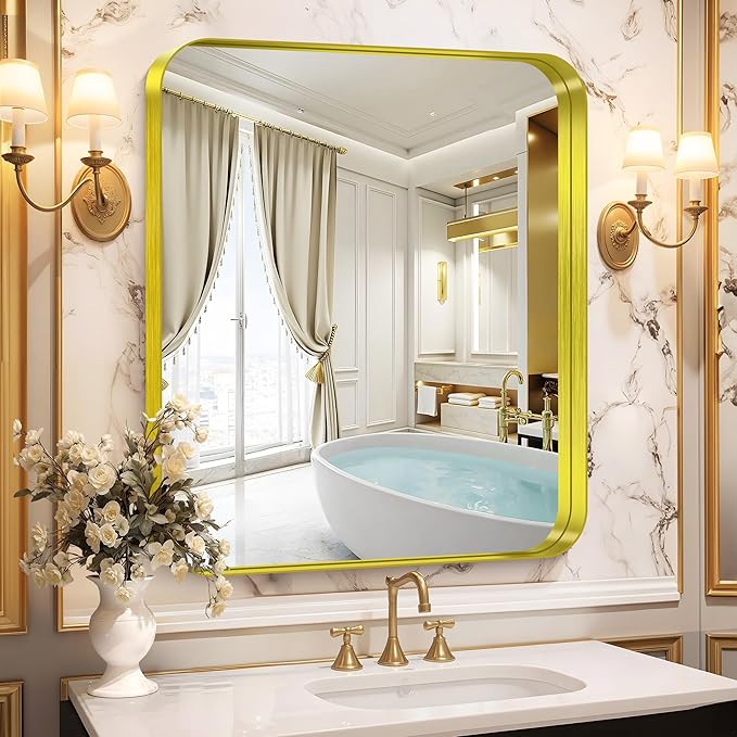 CIRCUMI Gold Bathroom Mirror, 30"x36" Rectangular Mirror with Deep Metal Frame, Rounded Corner, Tempered Glass, Mirror for Wall, Oversink, Bedroom, Installed Vertically/Horizontally, Crystal-Clear