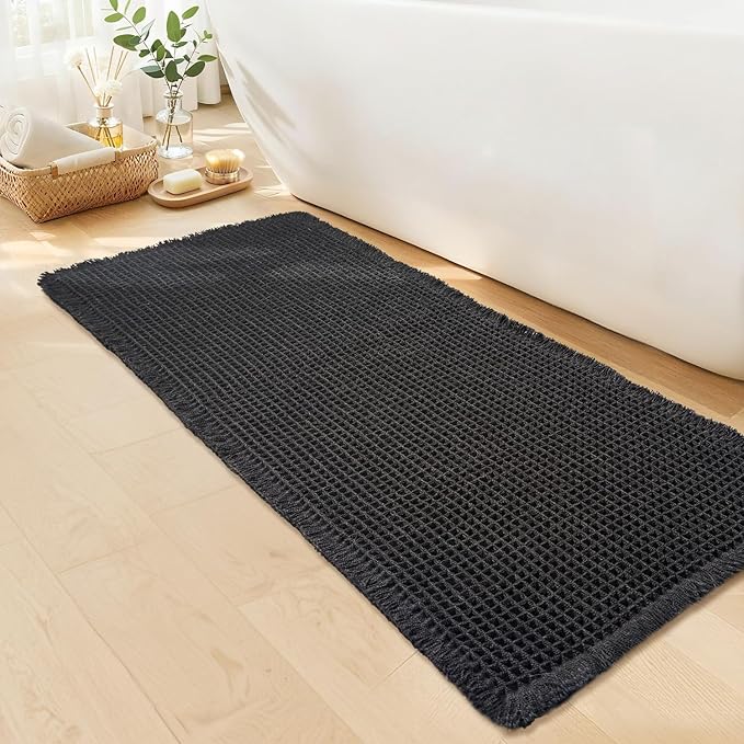 Black Long Bathroom Rug - Waffle Runner Bath Mat Non Slip Washable, Super Absorbent & Quick Dry, Boho Bath Mat Farmhouse Bathroom Decor, 24'' x 60'', Black