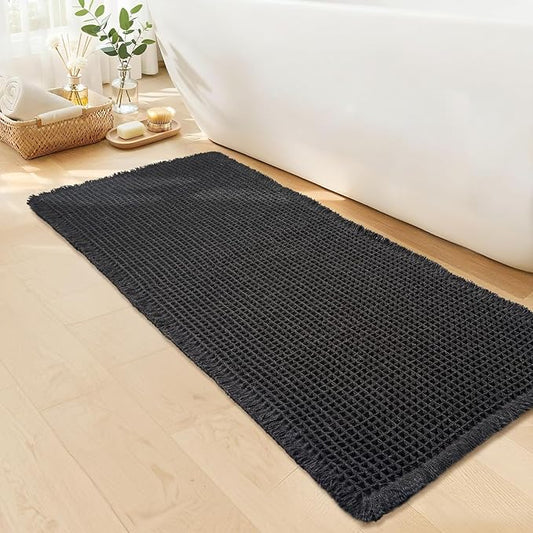 Black Bathroom Rug - Waffle Bath Mat Non Slip Washable, Super Absorbent & Quick Dry, Boho Bath Mat Farmhouse Bathroom Decor, 24'' x 48'', Black