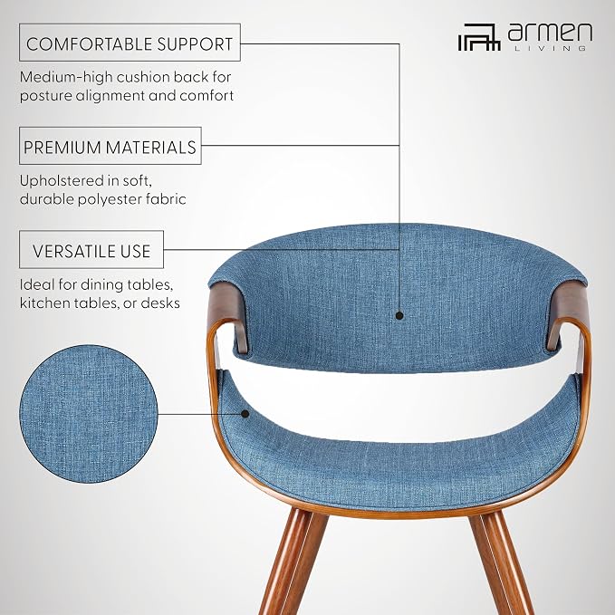 Armen Living Butterfly Mid-Century Dining Chair in Walnut Finish and Blue Fabric