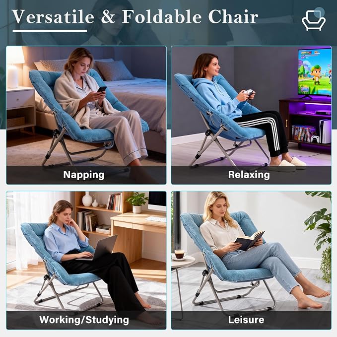 Furlide Saucer Chair, Comfy Bedroom Chairs, Oversized Folding Faux Fur Chair, Foldable Metal Frame Chair for Bedroom, Living Room, Balcony, Patio (Blue)