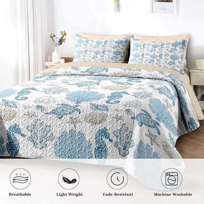 Pamnest Quilt Set Full/Queen Size, Sea Shell Coral Seahorse 3 Pcs Soft Bed Cover Bedding Set for Kids and Adults, Starfish Nautical Lightweight Bedspread Coverlet with Pillow Sham for All Season
