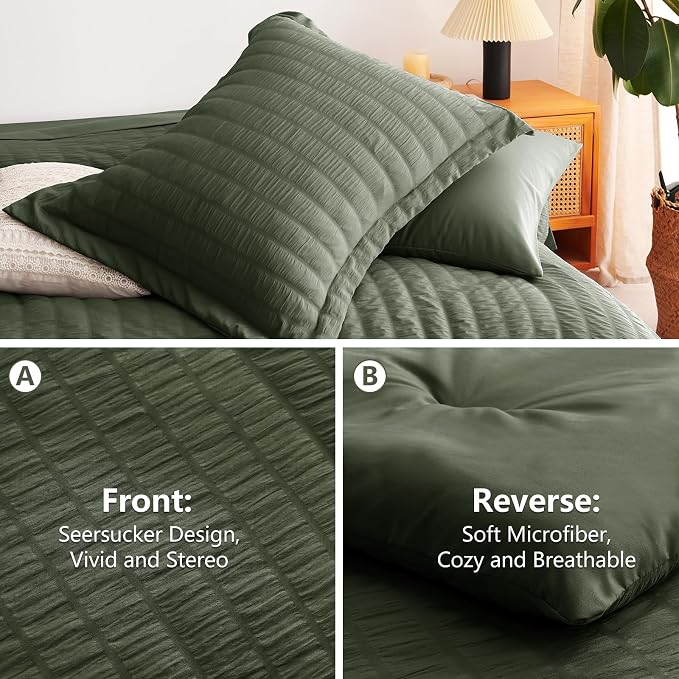 CozyLux Queen Comforter Set Dark Green, 7 Pieces Seersucker Textured Luxury Bed in a Bag Queen, All Seasons Soft Bedding Sets with Down Alternative Comforter, Sheets, Pillowcases & Shams, Home Gift