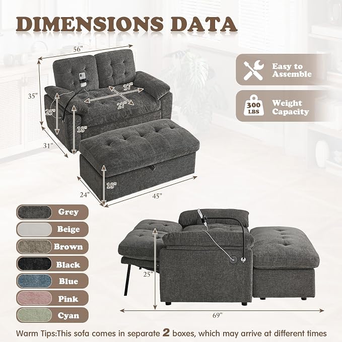 Oversized Chaise Lounge Chair Indoor with Ottoman&Adjustable Backrest,Chenille Tufted Recliner Comfy Loveseat Sofa Chair with USB&Phone Holder,Convertible Sleeper Couch Bed for Living Room(56"W,Grey)