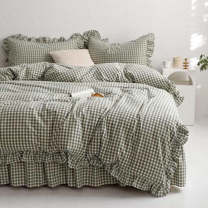 mixinni Green Gingham Ruffle Duvet Cover Twin Size 3 Pieces – 100% Washed Cotton, Vintage Plaid Ruffled Bedding Set with Zipper Ties, Soft Checkered Grid Farmhouse Chic Comforter Cover Set