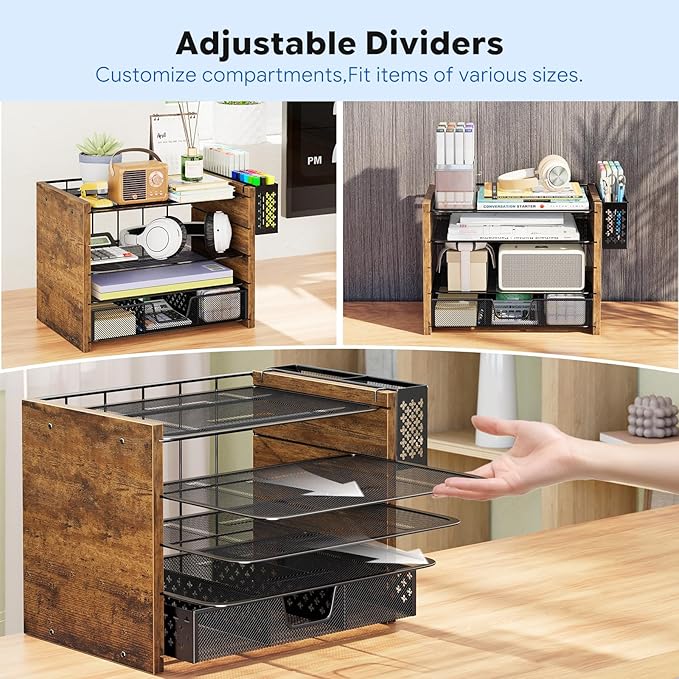 Simple Trending 5-Tier Paper Organizer Letter Tray, Wood Desk Organizers and Accessories with Drawer & Pen Holder for Home Office School