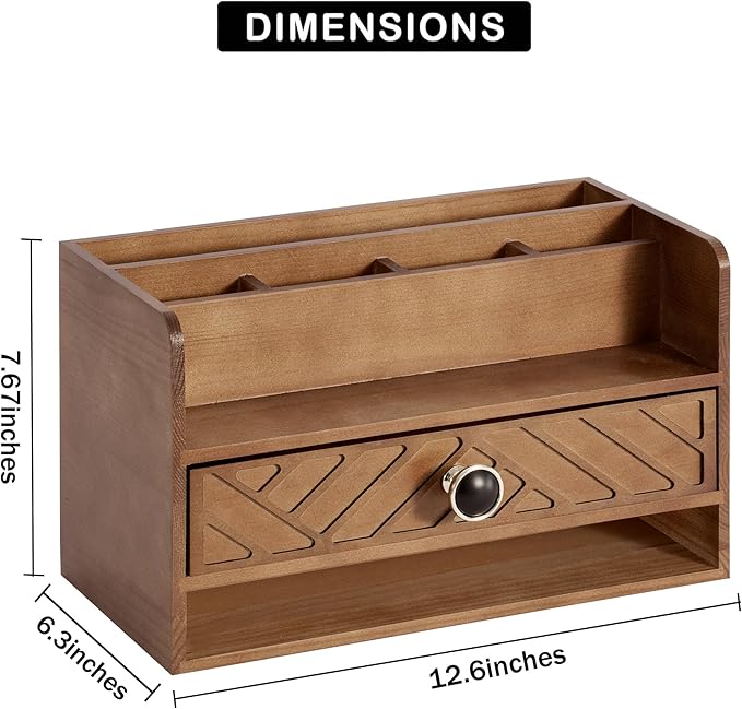 dreampossible Brown Wood Desk Organizer and Accessories with Drawer, Bill Mail Organizer and File Mail Holder for Office Supplies, Desk Accessories & Workspace Organizers