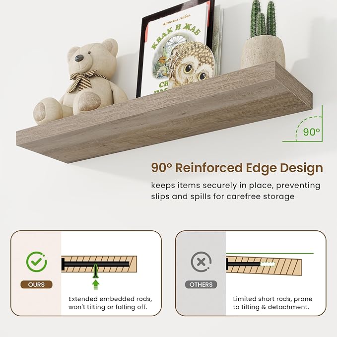 36in Floating Shelves for Wall, 36"W x 9.25"D x 1.25"H, 2 Pack Long Wall Mounted Engineered Wood Shelves with Invisible Brackets for Living Room, Bedroom, Bathroom, Kitchen Decor and Storage, Grey
