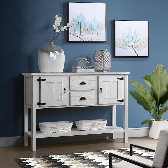 Merax Farmhouse Sideboard Buffet Kitchen Storage Cabinet with Drawers and Doors, Sideboard Storage Cabinet with Open Shelf for Living Room Kitchen Dining Room, Antique White…