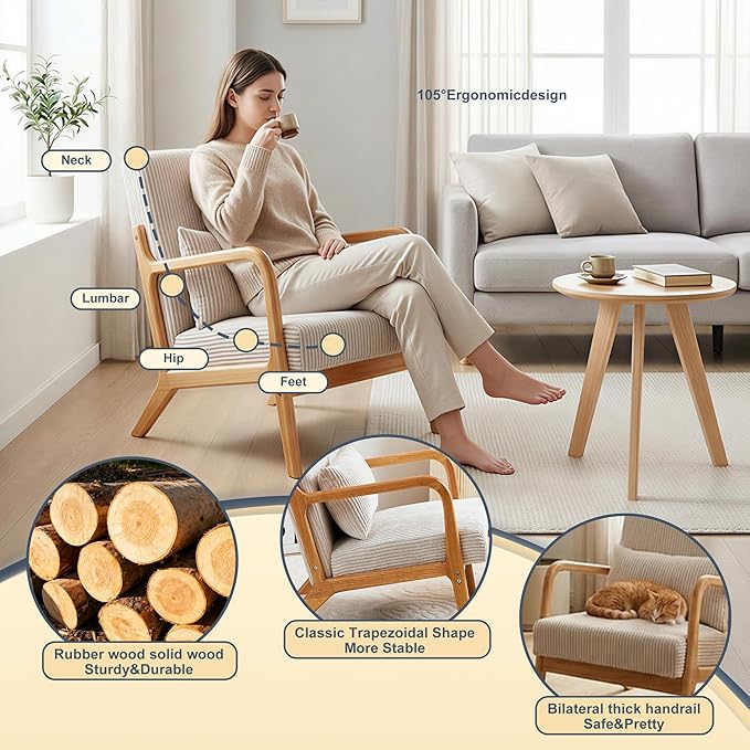 Accent Chairs with Side Table, Mid Century Modern Chair with Pillow, Arm Chair with Solid Wood, Reading Relaxing Leisure Chair for Living Room, Waiting Room, Beige