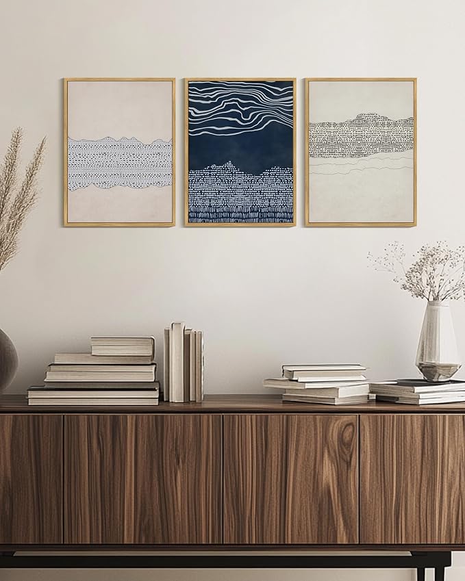 KUVIOKE Navy Blue Abstract Shapes Framed Canvas Wall Art Minimalist Wooden Pastel Boho Wall Decor Modern Neutral Farmhouse Rustic Art Painting for Bedroom Dining Room 12x16in (Natural Framed)
