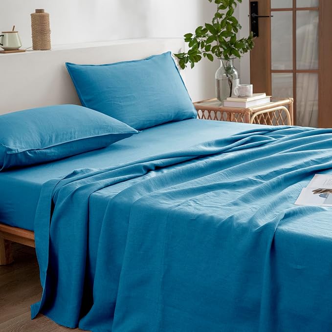 EVERLY Linen Sheets Set Full Size,100% French Stonewash Pure Linen Bed Sheets Set,4Pieces (1Flat Sheet,1Fitted Sheet,2Pillowcase) Suitable for Hot Sleepers,Deep Pocket Natural Bedding Set-Blue