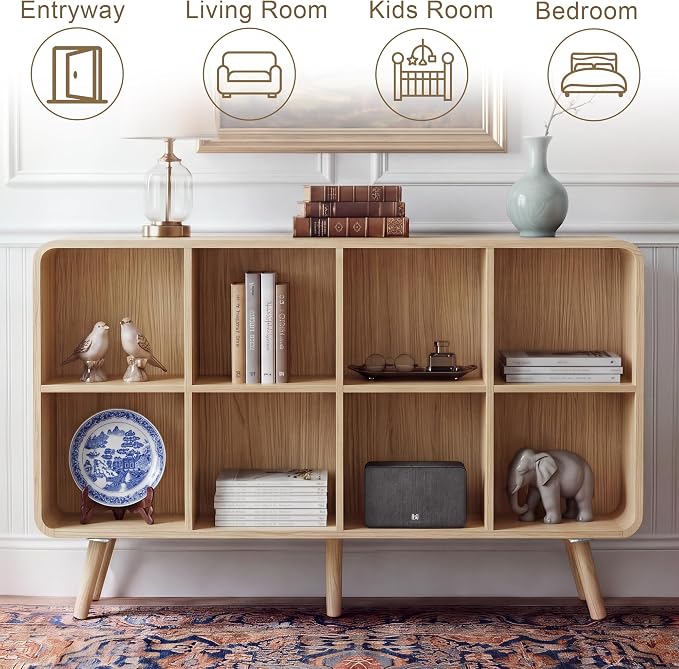 YOSHOOT 8 Cube Bookshelf - 46.5" Wood Cube Bookcase with Legs, Open Cubby Bookshelves with Curved Profile Design for Bedroom, Living Room,Home Office, Nature