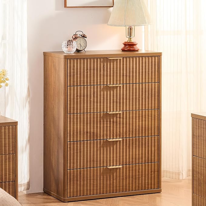 LEYAOYAO Fluted 5 Drawers Dresser Set of 2, 41" Tall Modern Chest of Drawers with Metal Handle, Curved Profile Dresser TV Stand, Wooden Drawer Organizer for Bedroom, Living Room, Hallway, Brown