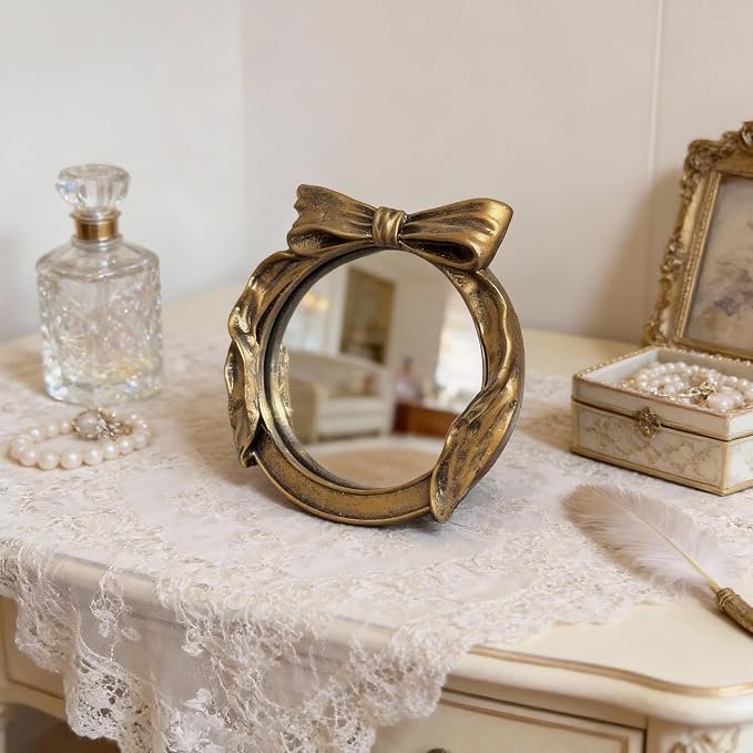 Vintage Round Vanity Desk Mirror - 6x6Inch Wall-Mounted & Tabletop Decorative Ornate Gold Accent Retro Makeup Mirror for Bedroom Dresser Living Room Bathroom Dorm Champagne Gold