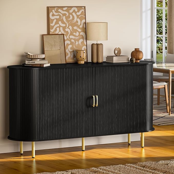 PUKAMI 55" Wood Buffet Sideboard Cabinet with Storage, Mid-Century Modern Coffee Bar Cabinet with Sliding Doors & Shelves, Accent Credenza Console Table for Kitchen, Dining Room, Entryway (Black)