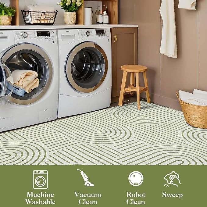 Washable 5x7 Abstract Line Area Rugs for Living Room Low Pile Modern Line Green Rug Soft Bedroom Small Rugs Non Shedding Contemporary Neutral Indoor Accent Carpet for Nursery Office, Green