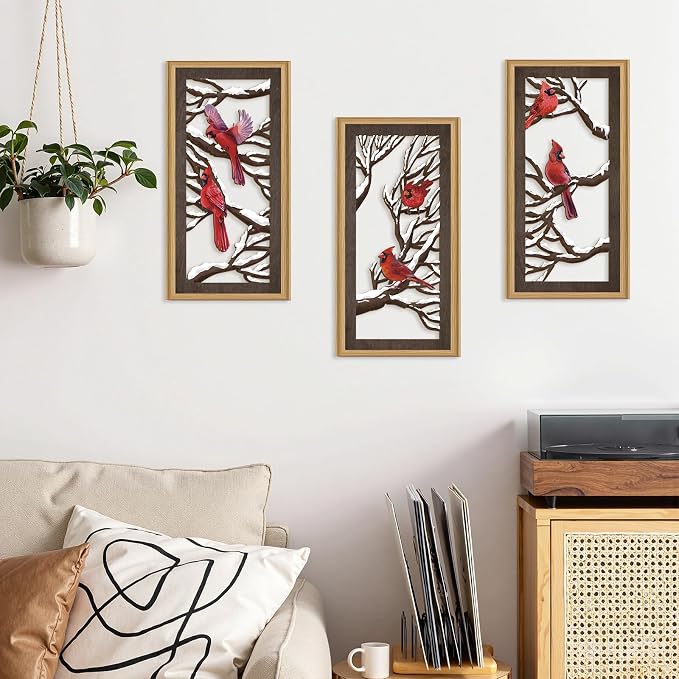 Ausril 3 Pcs Red Birds Wall Decor,Abstract Cardinal Wood Wall Art Bohemian Winter Xmas Hanging Decor Tree Branch Artwork Decoration for Farmhouse Bedroom Living Room 7.9 x15.8 Inch