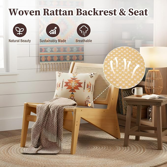Furlide Rattan Chair 2Pcs, Mid Century Modern Accent Chair, Leisurely Reading Chair for Living Room（Wood）