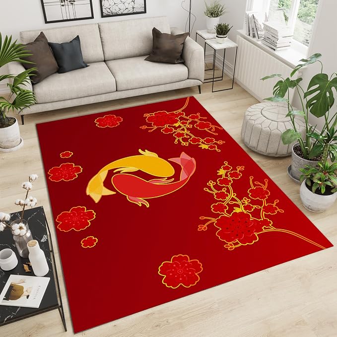 Chinese Style Koi Area Rug, Red Background Plum Blossom Non Slip Accent Rug, Machine Washable Durable Carpet for Indoor Bedroom Living Room Office Decor Rug - 5 ft x 7 ft
