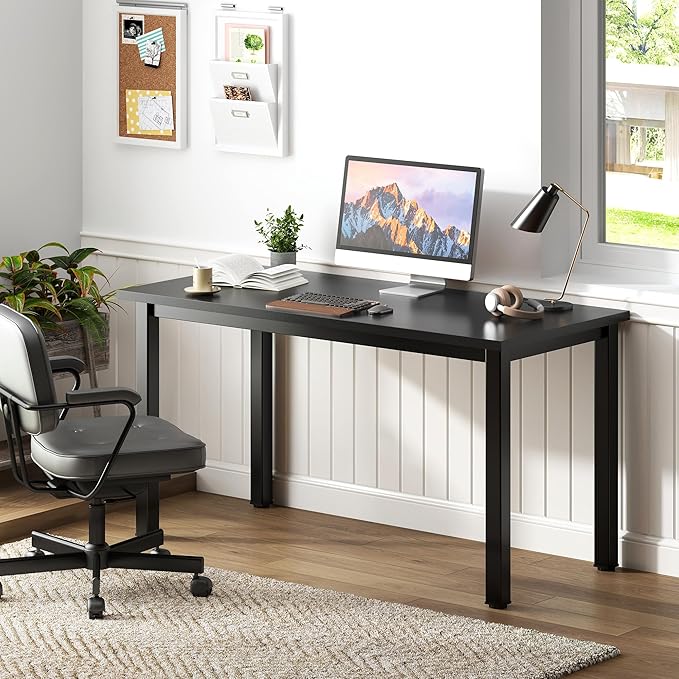 Need Computer Desk, 47 inch Home Office Desk, Modern Simple Style Home Office Gaming Desk, Basic Writing Table for Study Student, Black Metal Frame, Black Table Top