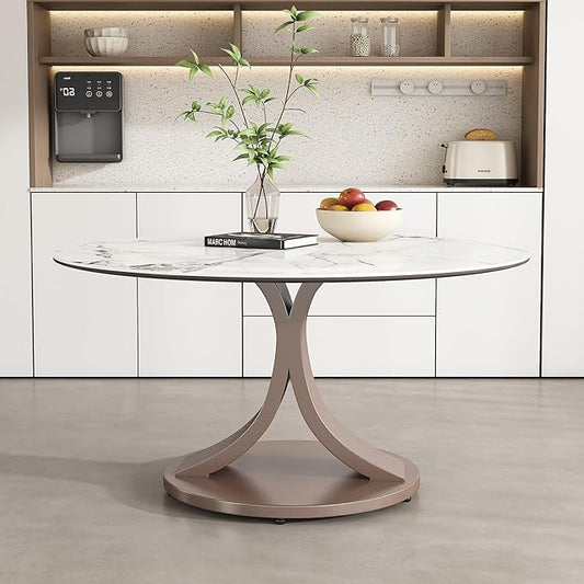 Montary 53” Modern Round Dining Table for 4-8 Seat, Artificial Marble Dining Room Table with Morán Purple Double C Stainless Steel Base, Sintered Stone Top Dining Table (Only Table)