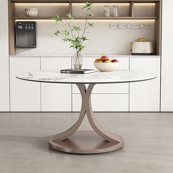 Montary 7 Piece Modern Dining Table Set of 6, Round 53" D Faux Marble Kitchen Table with Sintered Stone Top and Stainless Steel Double C Base, Dining Room Table with 6 Dining Chairs