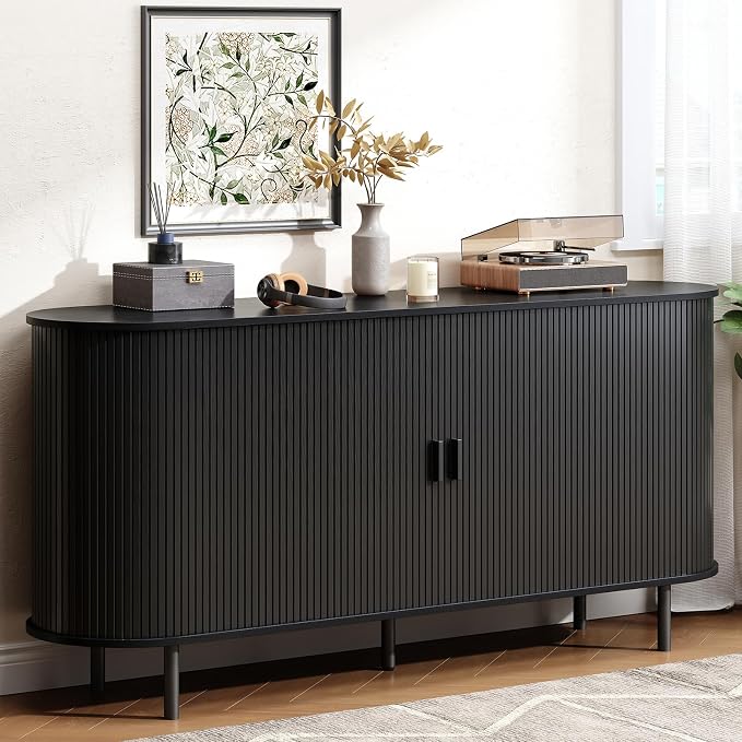 Buffet Cabinet with Storage, Fluted Sideboard Buffet with Sliding Door, Coffee Bar Cabinet with Adjustable Shelf, Console Table, Accent Table for Entryway, Kitchen (Black, 63 Inch)