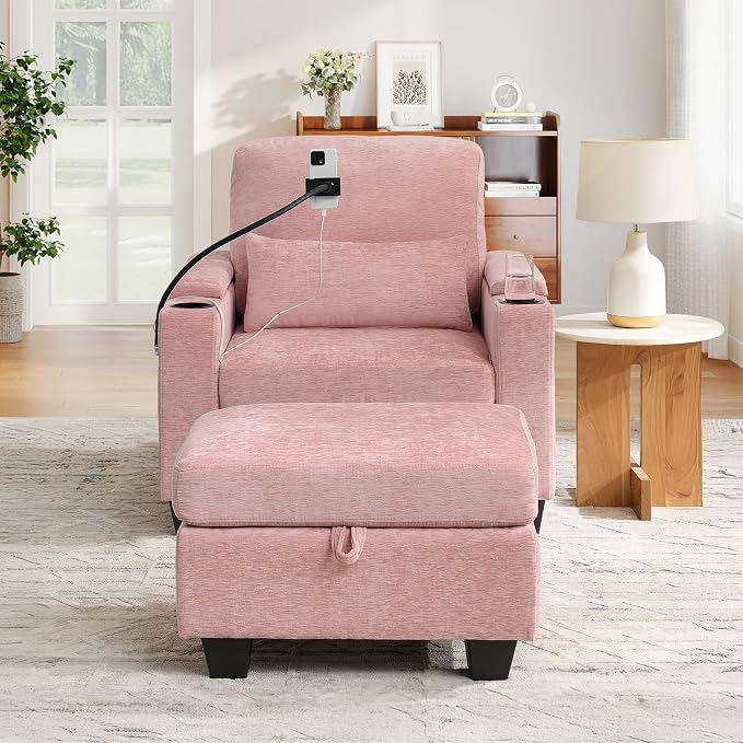 Small Chaise Lounge Chair Indoor with Ottoman&Adjustable Backrest,Chenille Tufted Recliner Comfy Sofa Chair with USB,Phone Holder&Storage Arms,Convertible Sleeper Couch Bed for Living Room(37"W,Pink)